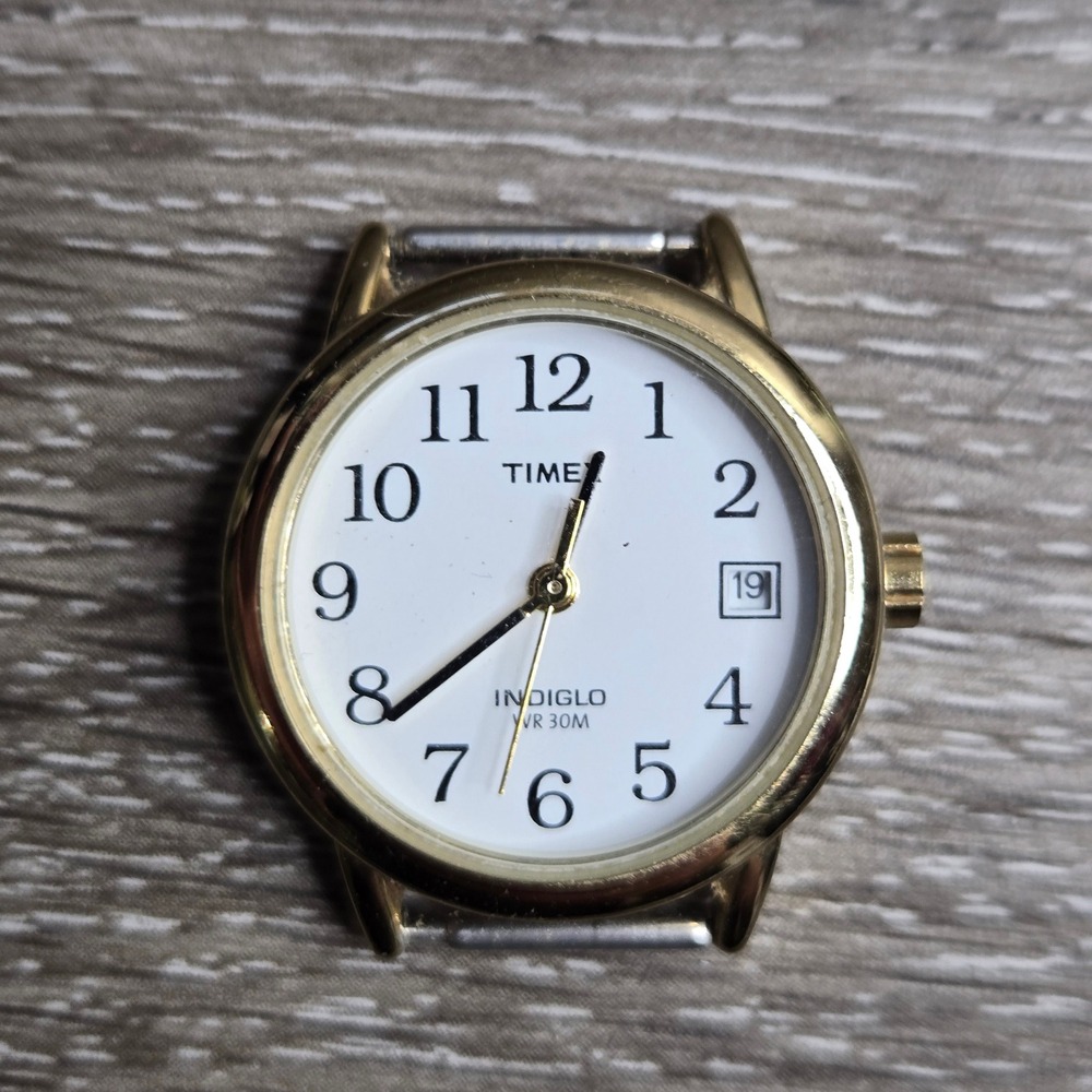 Timex Indiglo Women's Watch Gold Tone White Arabic Dial Date Quartz Working